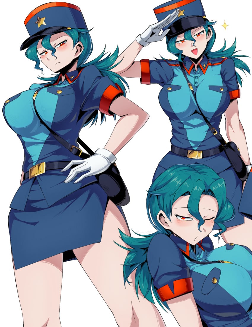 alternate_breast_size bag bangs bare_thighs belt big_breasts blue_hair blush buttons clothing collared_shirt colored female gloves green_hair hand_on_hip handwear head_tilt headwear huge_breasts human large_breasts long_hair nintendo officer_jenny_(pokemon) pokemon pokemon_(anime) police police_uniform policewoman ponytail purse red_eyes salute short_shirt short_sleeves skirt smile star suzusiigasuki tagme thick_thighs uniform wink