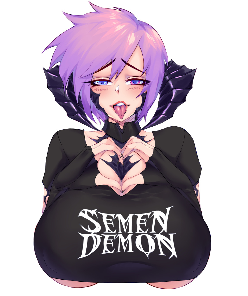 au_ra blush bust busty final_fantasy final_fantasy_xiv gloves goth horns huge_breasts large_breasts lipbite lipstick nipple_bulge pink_hair scales semen_demon_(shirt) sin_faye tongue_out xaela