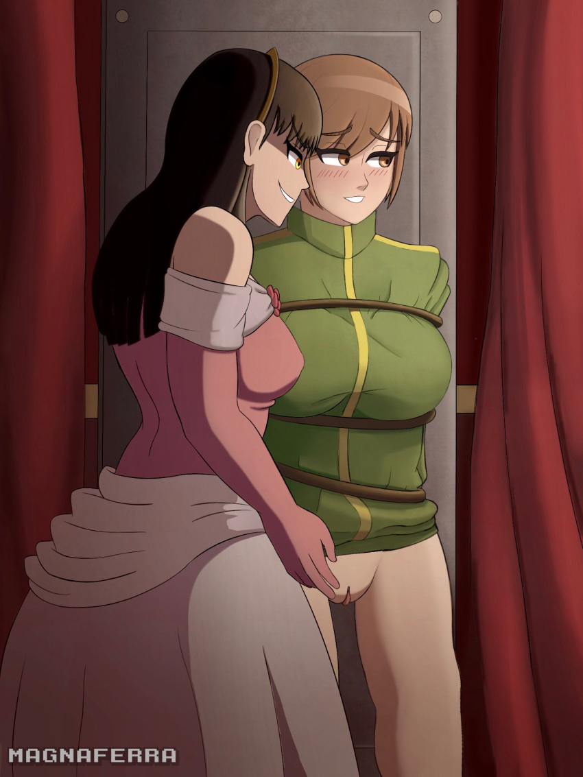 2girls amagi_yukiko atlus blush bottomless breasts brown_hair dress eyebrows_visible_through_hair femdom imminent_sex large_breasts magna_ferra multiple_girls persona persona_4 restrained rope rope_bondage satonaka_chie self_upload shadow_self_(persona) shadow_yukiko yuri