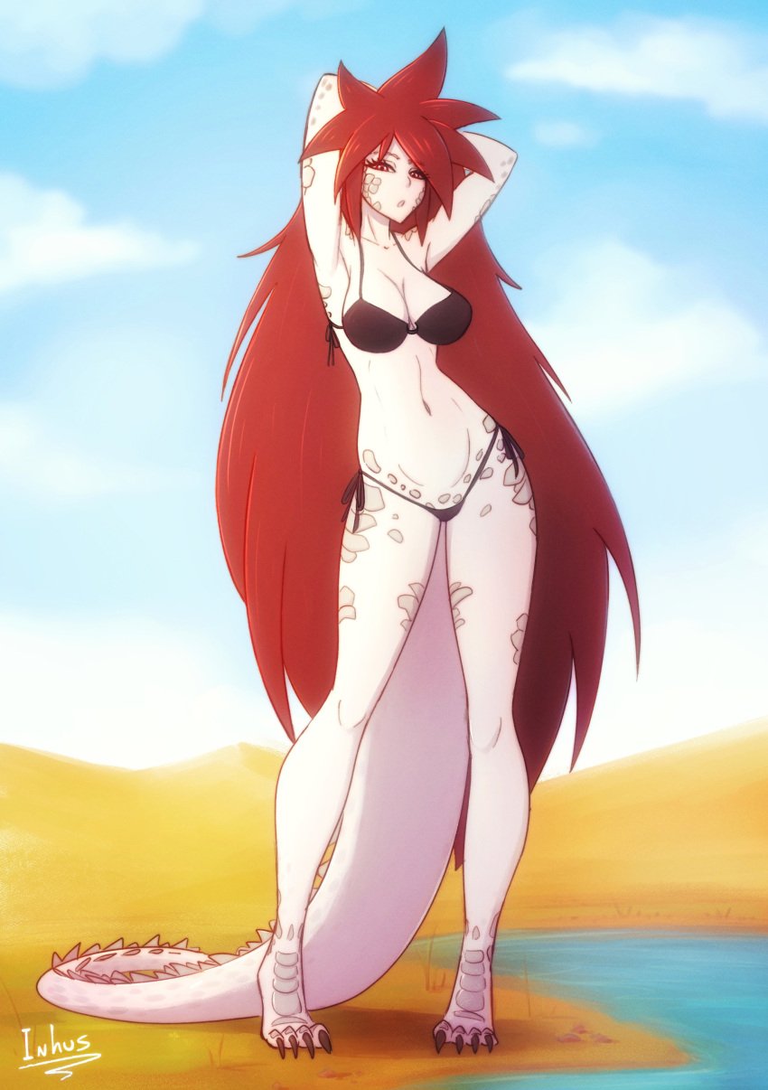 1girls albino arms_behind_head arms_up barefoot bikini breasts female highres inhus large_breasts long_legs looking_at_viewer monster_girl navel original outdoors red_eyes red_hair reptile_girl scales side-tie_bikini smile solo spiked_hair spikes standing swimsuit tail very_long_hair water white_skin