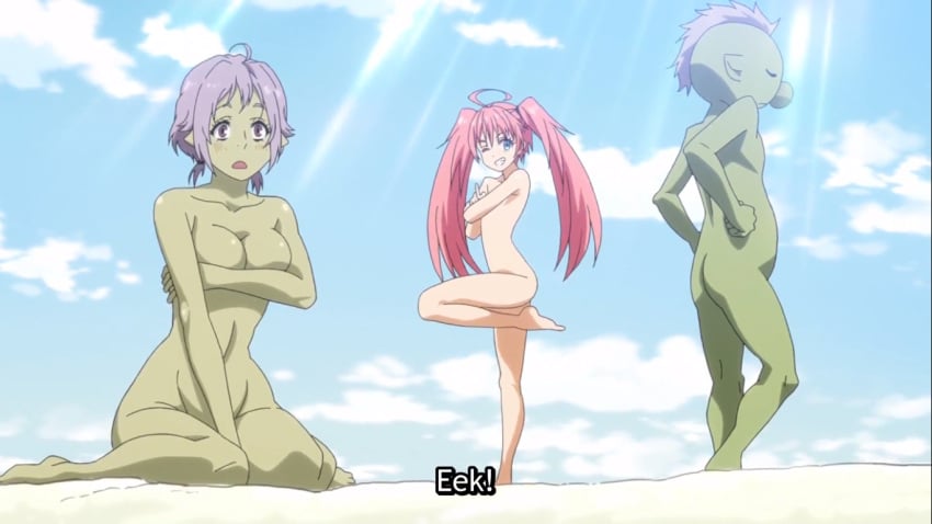 1boy 2girls beach big_breasts blue_eyes covering covering_breasts covering_crotch covering_self demon_girl demon_lord embarrassed embarrassed_nude_female enf female goblin goblin_female goblin_girl goblin_male gobta green_skin haruna_(tensei_shitara_slime_datta_ken) hobgoblin human humanoid male milim_nava mohawk_(hairstyle) monster_girl multiple_females multiple_girls naked naked_female naked_male no_visible_genitalia nude_female nude_male official_art pink_hair screenshot sitting sitting_down sunshine tensei_shitara_slime_datta_ken that_time_i_got_reincarnated_as_a_slime twintails wariza