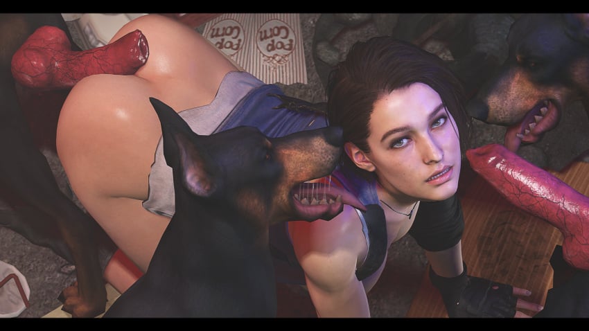 1girls 3d 4animals all_fours ass bestiality brown_hair buttjob canine_penis capcom cerberus_(resident_evil) clouclousfm fingerless_gloves gangbang gloves green_eyes imminent_sex jill_valentine jill_valentine_(sasha_zotova) light-skinned_female looking_at_viewer no_eyewear resident_evil resident_evil_2 resident_evil_3 resident_evil_3_remake zoophilia