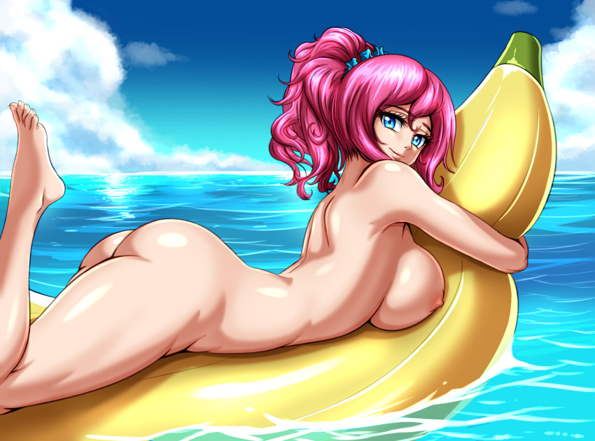 1girls alternate_hairstyle arched_back ass banana_boat blue_eyes blush breasts eyelashes female friendship_is_magic hair_scrunchie highres hug human humanized large_breasts leg_up long_hair looking_at_viewer lying my_little_pony nipples ocean on_stomach outdoors personification pink_hair pinkie_pie pinkie_pie_(mlp) ponytail scrunchie sideboob smile solo straight_hair water zantyarz