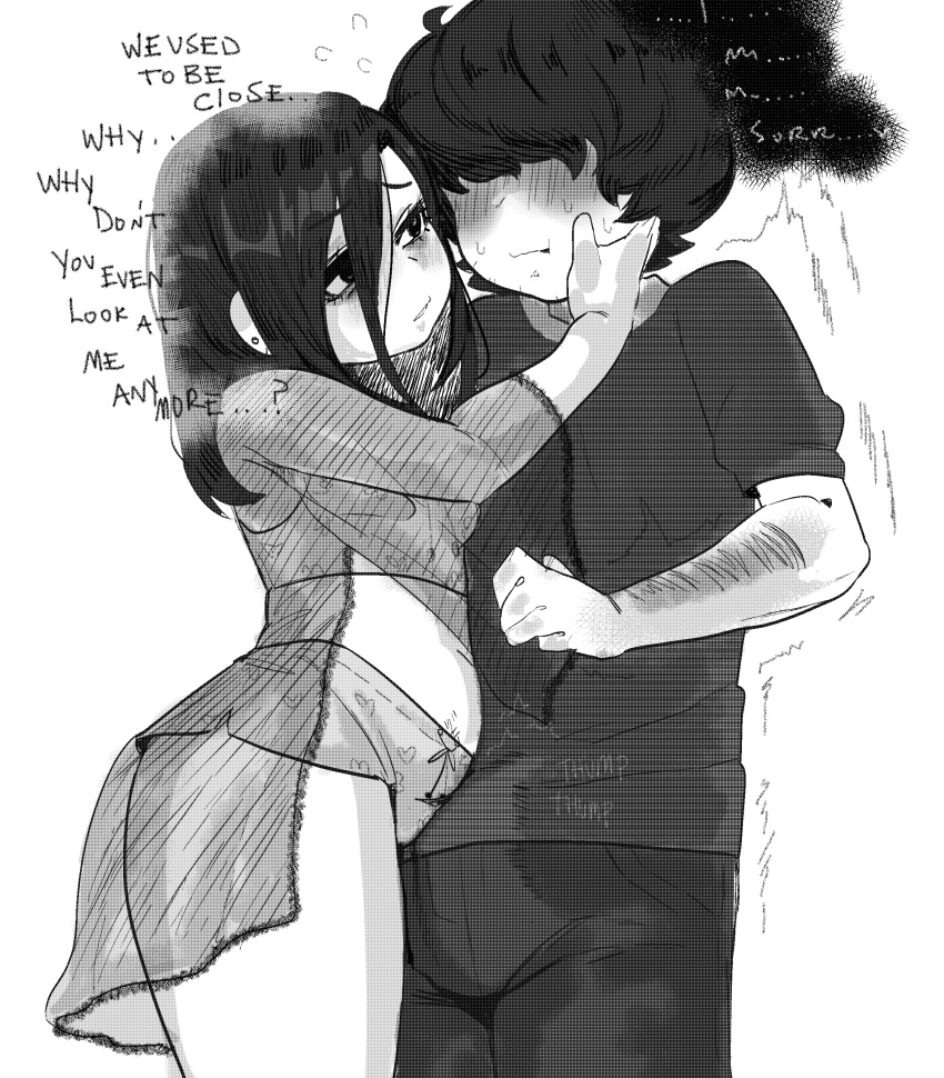 bellybutton black_and_white black_hair blushing hair_over_eyes heartbeat hosttoasty hosttoasty(artist) long_hair milf mother_and_son small_breasts tagme thighs underwear