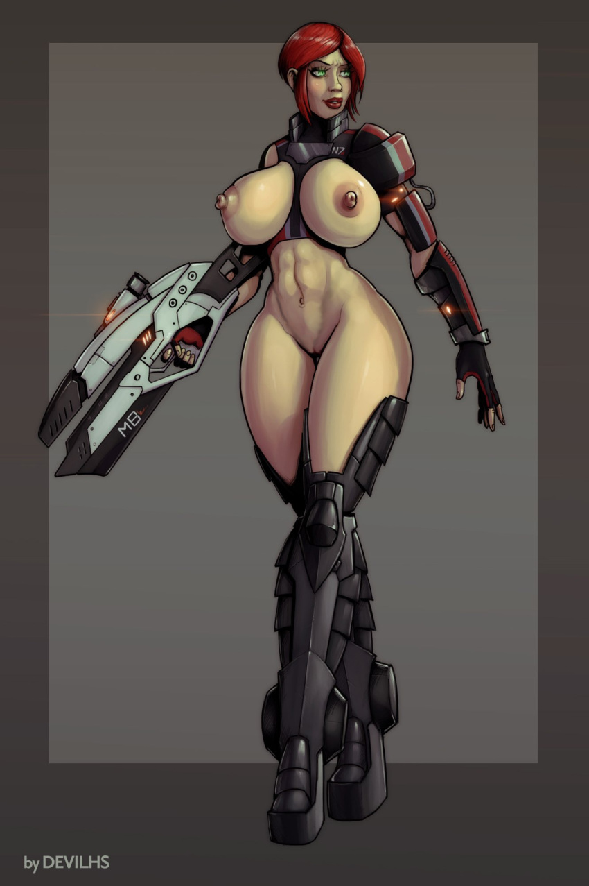 1girls armor armour assault_rifle bottomless breast_cutout breasts commander_shepard devil_hs edit erect_nipples exhibitionism exposed_ass exposed_breasts exposed_pussy female female_only femshep green_eyes gun huge_breasts human human_only large_breasts m8_avenger mass_effect n7 n7_armor nipples no_eyewear no_panties nude_edit power_armor red_hair red_lips red_lipstick revealing revealing_clothes rifle science_fiction skimpy skimpy_armor skimpy_clothes soldier solo unconvincing_armor