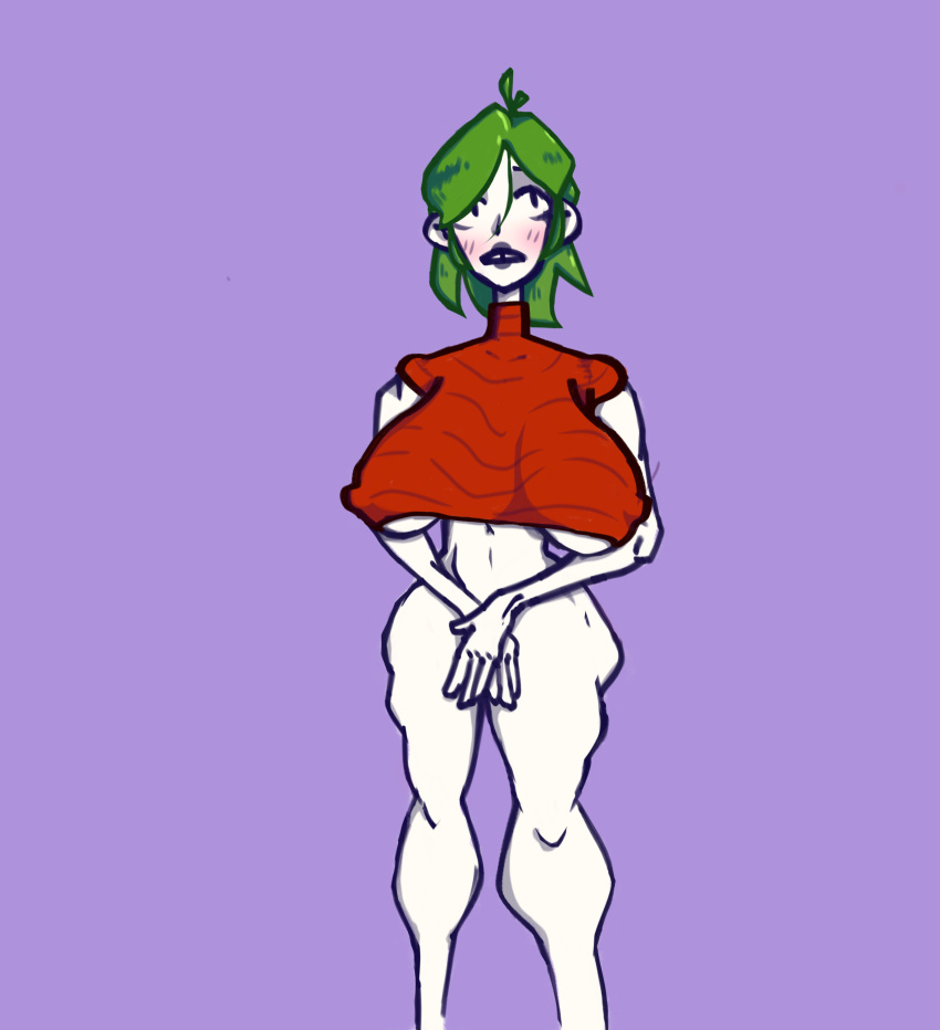 1girls ahoge areolae biceps big_ass big_biceps big_breasts big_butt big_nipples blush bottomless broad_shoulders buckteeth covering_crotch covering_pussy crop_top eyeshadow female fit fit_female gorosaur_(artist) gorossy_(artist) green_hair huge_ass huge_breasts huge_nipples lipstick muscular muscular_female muscular_thighs nipple_bulge nipples_visible_through_clothing pale-skinned_female pale_skin short_hair short_hair_with_long_locks simple_background simple_shading sleeveless small_waist sole_female tenting thick_thighs thin_waist tiny_waist toned toned_body toned_female toned_stomach turtleneck underboob white_skin