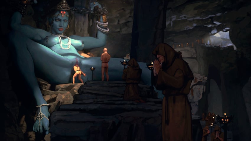 1girls blue_skin cave diathorn giantess goddess medium_breasts monk multiple_boys nude pussy ritual size_difference spread_legs teal_skin temple vaginal_insertion