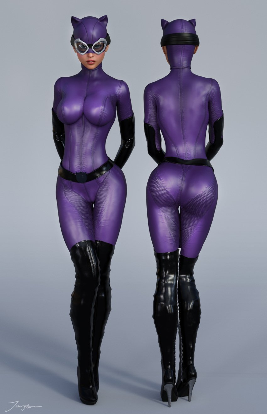 1girls 3d 3d_(artwork) ass back_view batman_(series) belt black_belt black_boots black_gloves black_hair black_heels black_high_heels black_thighhighs blue_eyes blush bodysuit boots busty catwoman cowl curvaceous curvy dat_ass dc dc_comics eyeshadow female female_only from_behind front_view gloves heels high_heel_boots holding_whip human large_breasts long_hair mask pink_lips pinup purple_bodysuit purple_cowl purple_mask signature solo standing supervillain thick_ass thigh_boots thighhighs thighs tiangtam voluptuous walking