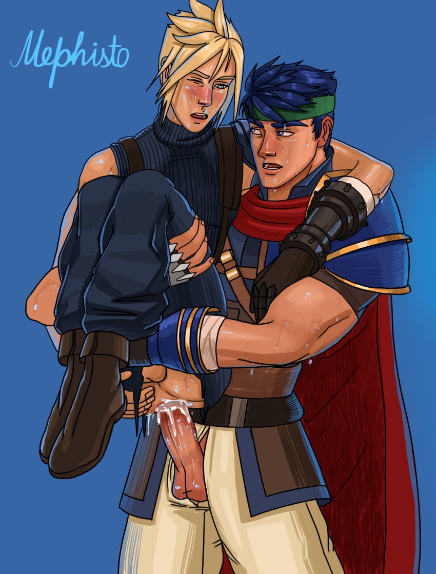 2boys anal anal_penetration anal_sex bara blonde_hair blue_eyes blue_hair clothed_sex cloud_strife crossover cum cum_dripping cum_in_ass cum_inside final_fantasy final_fantasy_vii fingerless_gloves fire_emblem fire_emblem:_path_of_radiance fire_emblem:_radiant_dawn gay green_eyes headband ike_(fire_emblem) male male_only mephisto mephisto(artist) one_eye_closed out_of_fly overflowing_cum penis_out reverse_suspended_congress sitting_on_penis super_smash_bros. sweat sweatdrops torn_pants uncensored yaoi