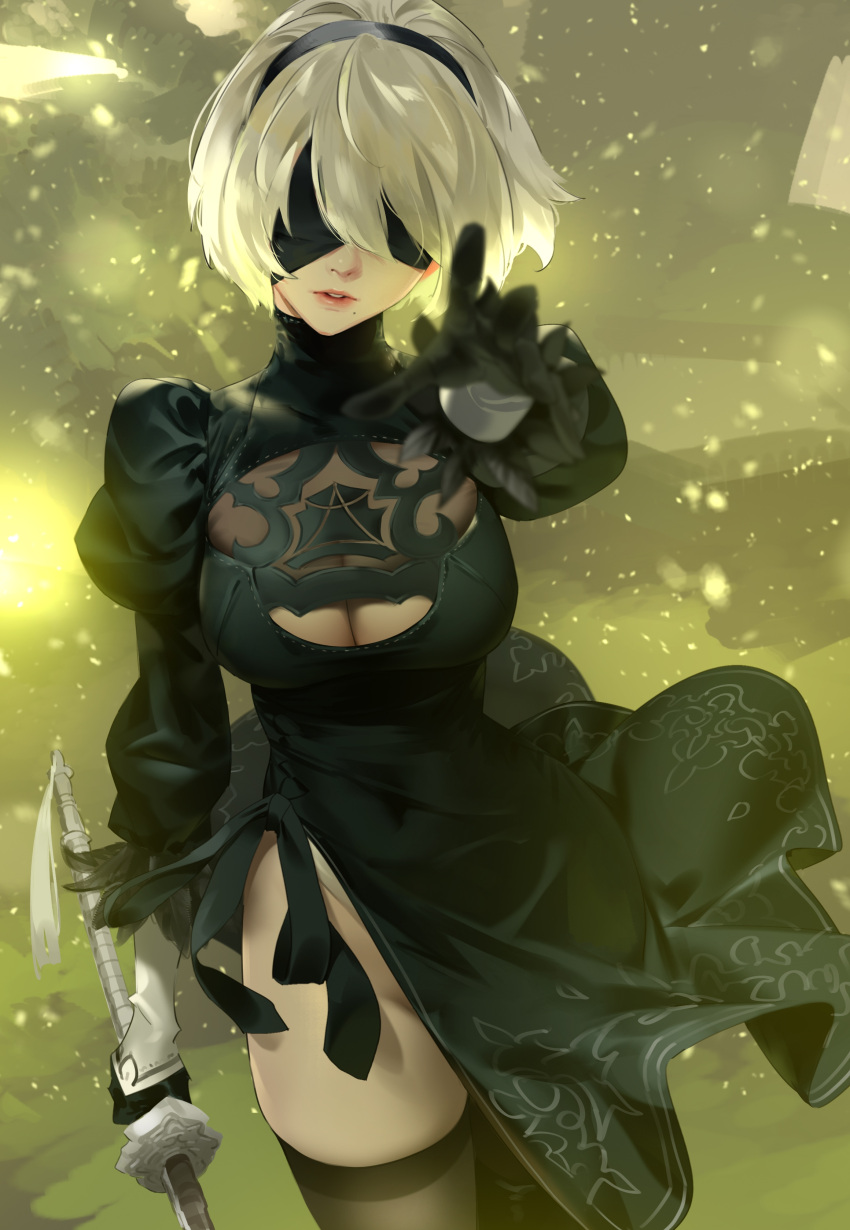 black_blindfold black_legwear blindfold blue_eyes female gloves leotard looking_at_viewer medium_hair mole mole_under_mouth nier:_automata nier_(series) no_blindfold solo standing thighhighs white_background white_hair white_leotard yang-do yorha_2b