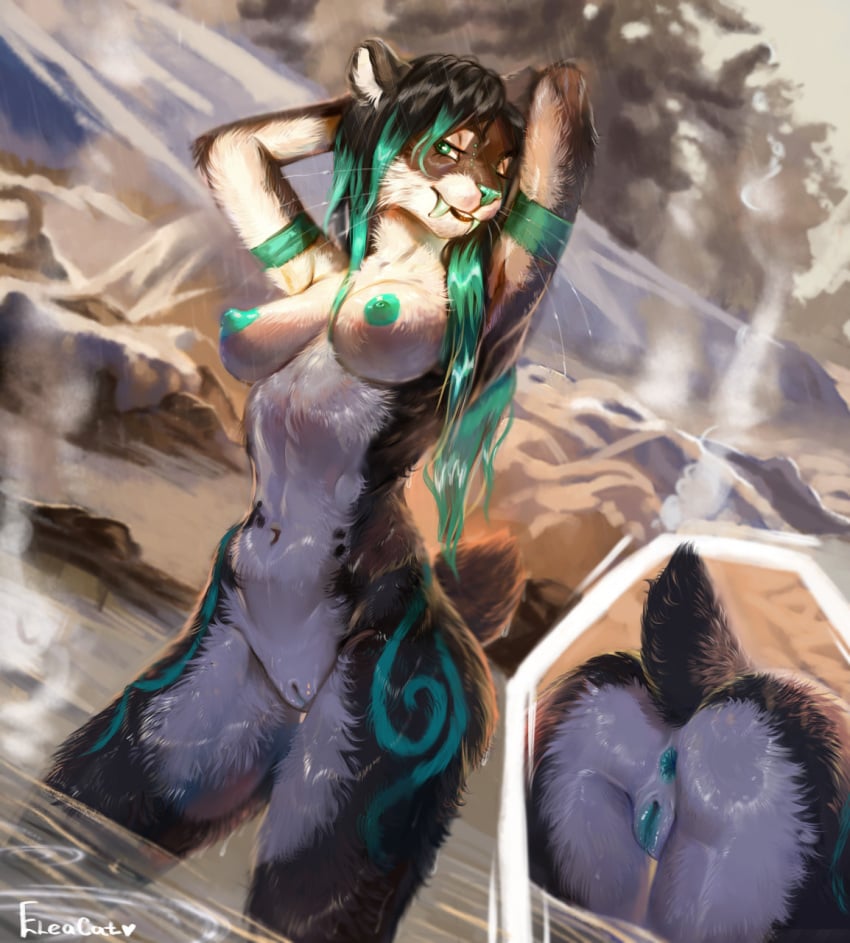 anthro bathing close-up eleacat felid female hi_res looking_at_viewer machairodontine mammal natsumi_oni piercing sabertoothed_cat solo