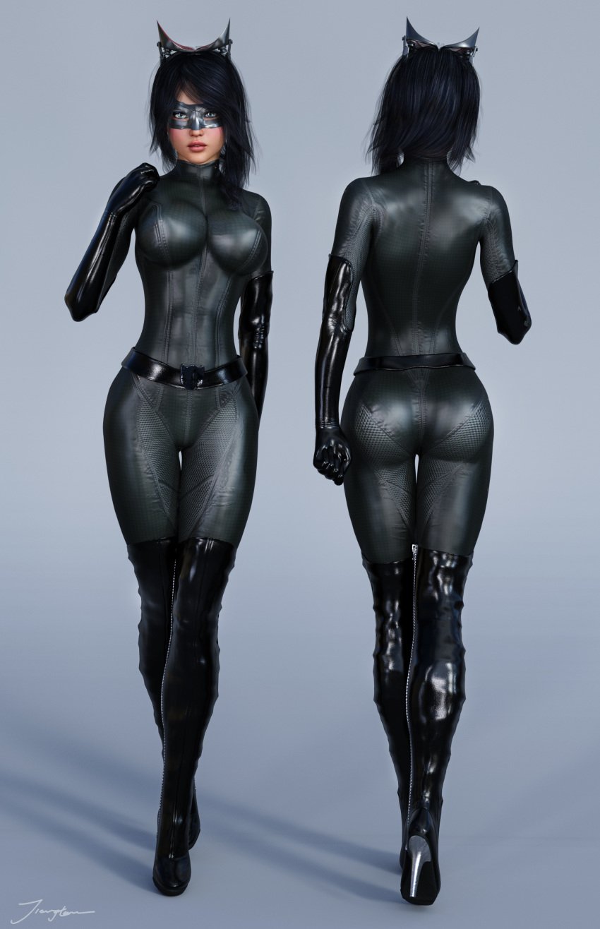 1girls 3d 3d_(artwork) ass back_view batman_(series) belt big_breasts black_belt black_bodysuit black_boots black_cowl black_gloves black_hair black_heels black_high_heels black_thighhighs blue_eyes blush bodysuit boots busty catwoman cowl curvaceous curvy dat_ass dc dc_comics eyeshadow female female_only from_behind front_view gloves heels high_heel_boots holding_whip human large_breasts lipstick mask pink_lips pinup purple_mask signature solo standing supervillain thick_ass thigh_boots thighhighs thighs tiangtam voluptuous