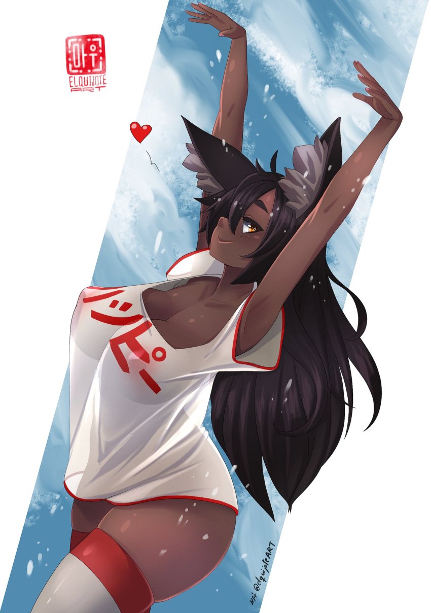 1girls animal_ears arms_up black_hair blush bottomless breasts brown_eyes dark-skinned_female dark_skin dutch_angle elquijote female hair_between_eyes heart highres large_breasts long_hair nipples original see-through skindentation smile solo thighhighs white_legwear