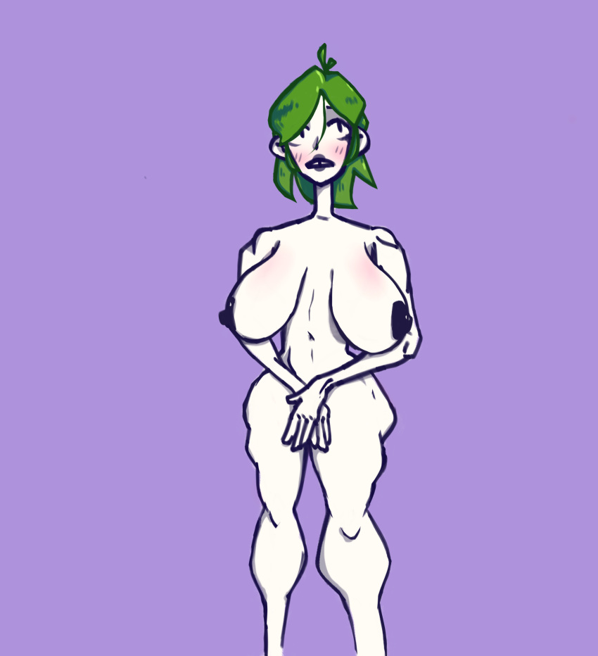 1girls ahoge areolae biceps big_ass big_biceps big_breasts big_butt big_nipples blush bottomless broad_shoulders buckteeth covering_crotch covering_pussy eyeshadow female fit fit_female gorosaur_(artist) gorossy_(artist) green_hair huge_ass huge_breasts huge_nipples lipstick muscular muscular_female muscular_thighs pale-skinned_female pale_skin short_hair short_hair_with_long_locks simple_background simple_shading small_waist sole_female thick_thighs thin_waist tiny_waist toned toned_body toned_female toned_stomach white_skin