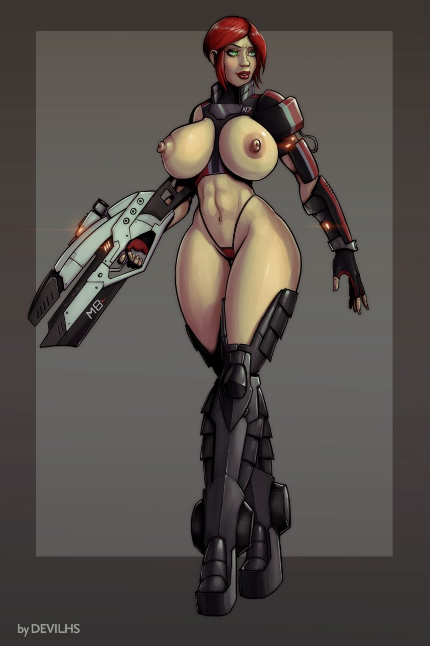 1girls areolae armor armour assault_rifle athletic big_breasts bikini_armor bikini_bottom boots breast_cutout breasts busty commander_shepard devil_hs exhibitionism exposed_breasts female female_focus female_only femshep full_body g-string green_eyes gun highleg_panties hourglass_figure huge_breasts human human_only large_breasts m8_avenger mass_effect n7 n7_armor navel nipples pinup pose posing power_armor red_hair red_lips red_lipstick revealing revealing_clothes rifle science_fiction short_hair skimpy skimpy_armor skimpy_clothes soldier solo tagme thick_thighs thong unconvincing_armor wide_hips