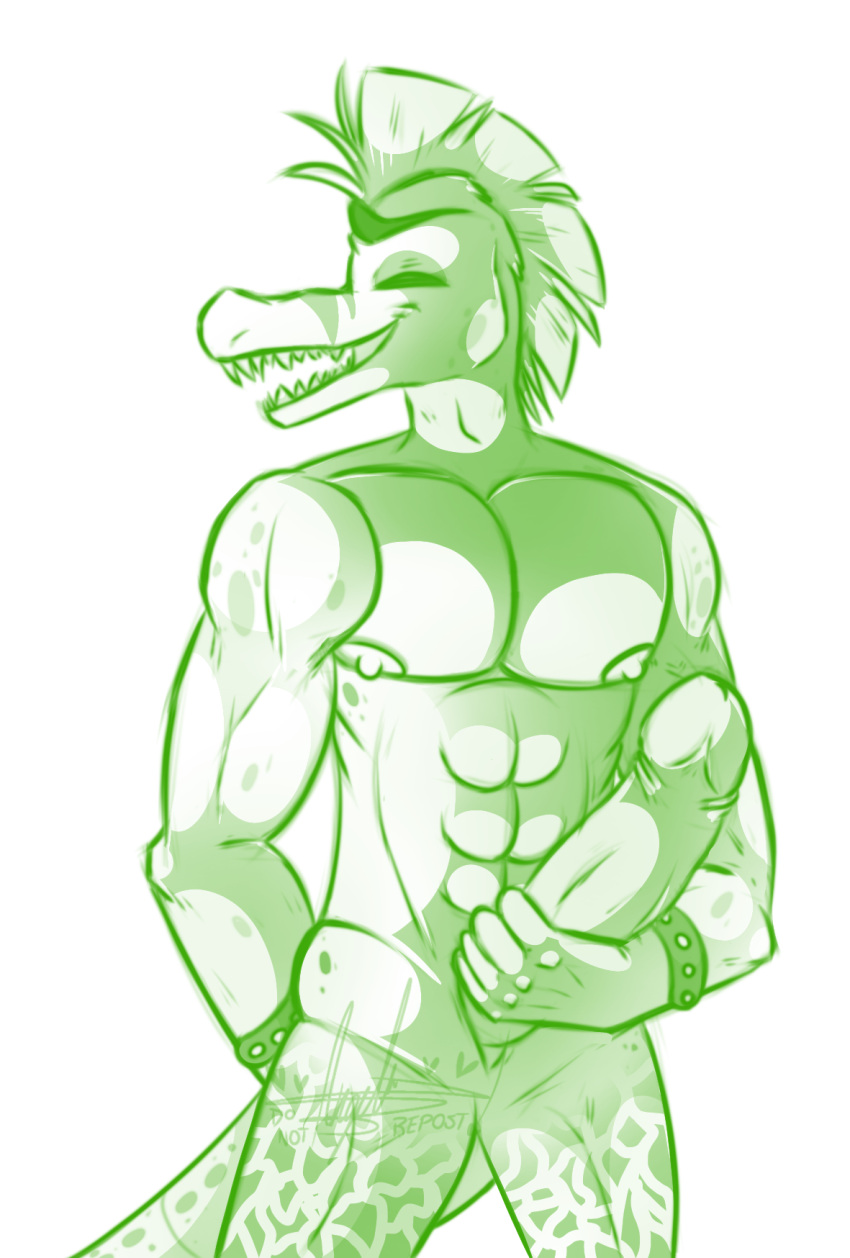 2020 abs alligator alligatorid angel_of_the_code anthro boner closed_eyes crocodile crocodilian erection five_nights_at_freddy's five_nights_at_freddy's:_security_breach glamcock green_body hi_res holding_penis long_penis long_tail male_only mohawk_(hairstyle) monochrome montgomery_gator_(fnaf) muscles muscular muscular_male nipples penis sharp_teeth solo solo_male spiked_bracelet spikes tail video_games white_background