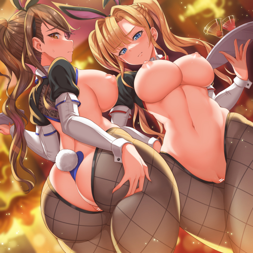 2girls animal_ears ass ass_grab bangs bar_censor beatrix_(granblue_fantasy) black_hairband blonde_hair blue_eyes blurry blurry_background braid breasts brown_hair brown_legwear censored cherry closed_mouth commentary_request cowboy_shot cup curvy drinking_glass dutch_angle eyebrows_visible_through_hair fake_animal_ears fishnet_legwear fishnets food from_behind from_below fruit grabbing_own_ass granblue_fantasy hair_intakes hairband hand_up highres holding holding_tray indoors labia large_breasts long_hair long_sleeves meme_attire multiple_girls navel nipples plump ponytail pussy rabbit_ears rabbit_tail reverse_bunnysuit reverse_outfit shrug_(clothing) sideboob sleeve_cuffs standing stomach sweatdrop tail tray twintails underboob very_long_hair yasojima_nejiro zeta_(granblue_fantasy)