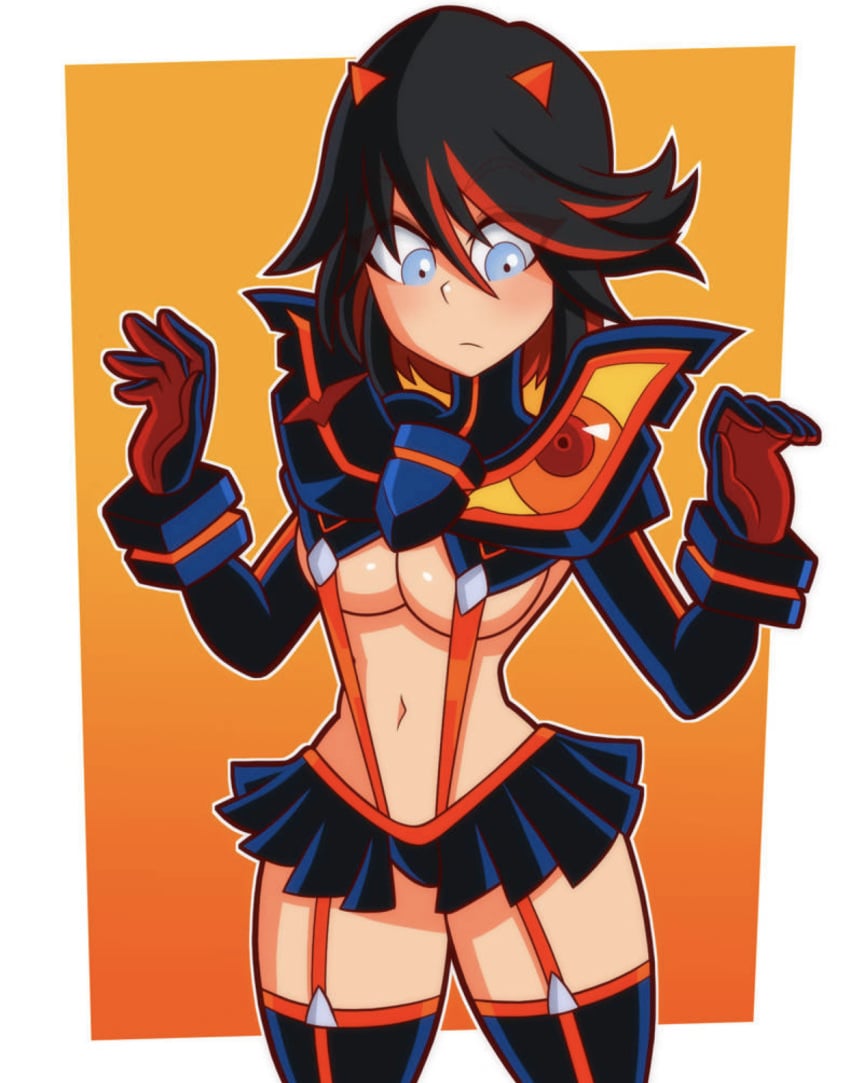 black_hair blue_eyes chemical_bro exposed kill_la_kill looking_down matoi_ryuuko multicolored_hair senketsu short_hair tagme underboob