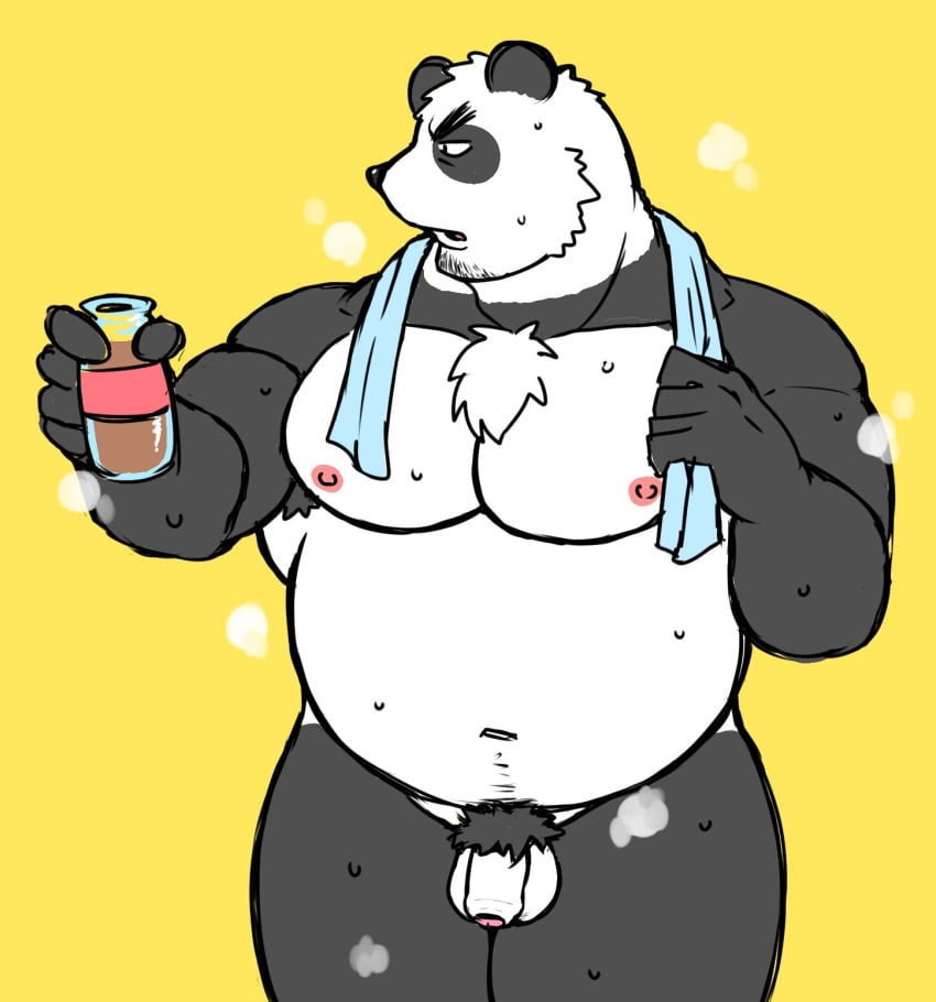 2019 anthro balls bashira_o black_body black_fur edit flaccid fur genitals giant_panda hi_res humanoid_hands male mammal moobs navel nipples overweight overweight_anthro overweight_male penis pubes simple_background solo towel uncensored ursid weat white_body white_fur yellow_background