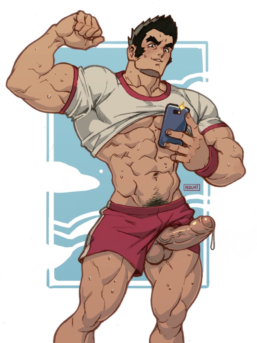 1boy abs bara bare_pectorals biceps black_eyes black_hair cocky erection erection_under_clothes feet_out_of_frame flexing foreskin gouda_musashi highres holding holding_phone large_pectorals lifted_by_self long_sideburns looking_down male male_focus male_only mob_psycho_100 musashi_gouda muscular muscular_male navel navel_hair nipples pectorals penis phone pose precum red_shorts redgart selfie shirt_lift short_hair shorts shorts_aside sideburns smile smirk smug solo solo_male sparkle stomach sweat thighs uncensored