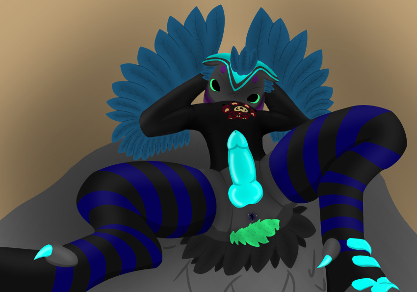 absurd_res anthro anus ass avali avian avian_penis basalt basalt_(artist) basalt_(person) bed bedroom_eyes biped black_body black_fur black_skin blue_body blue_feathers blue_markings blue_penis claws clothing feathers fluffy fur furniture genitals girly green_body green_eyes green_fur hi_res hoodie horn knot legwear low-angle_view lying male markings narrowed_eyes neon on_back on_bed penis presenting presenting_hindquarters purple_body purple_skin raised_tail seductive solo sweater tail_feathers thigh_highs topwear under_covers