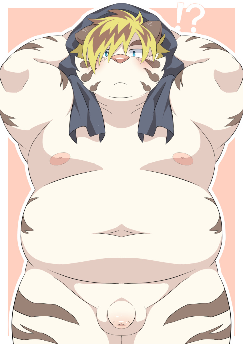 ! 2021 ? absurd_res anthro balls belly blush felid flaccid fur genitals hi_res kemono licho_(tokyo_afterschool_summoners) male mammal moobs navel nipples overweight overweight_anthro overweight_male pantherine penis ptcmtr simple_background small_penis solo tiger tokyo_afterschool_summoners towel video_games white_body white_fur