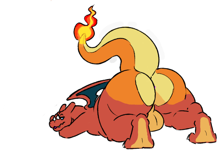 2021 anthro anus ass backsack balls big_balls big_butt charizard covertcanine fire flaming_tail from_behind_(disambiguation) genitals hand_on_snout hi_res male male_anus male_only nintendo pokemon presenting presenting_hindquarters raised_tail rear_view simple_background solo thunderthighdog video_games white_background