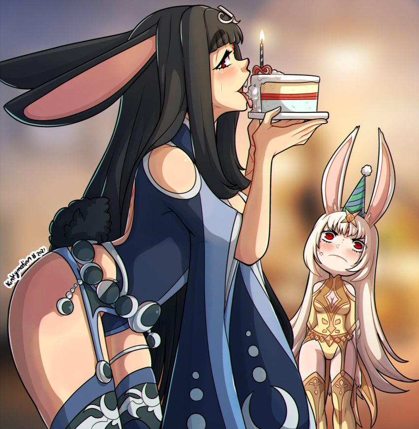 2girls :| black_hair blonde_hair blurry_background blush bunny_ears bunny_girl bunny_tail cake candle celeste_(kinkymation) clothing estella_(kinkymation) female female_only forehead_jewel forehead_mark hi_res kinkymation licking long_hair looking_at_viewer original party_hat red_eyes sweet voluptuous