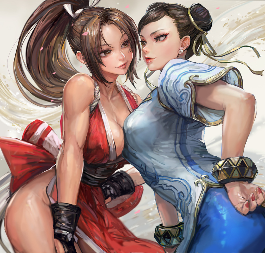 2girls asian asian_female bare_shoulders bracelet breasts brown_eyes brown_hair capcom china_dress chinese_clothes chun-li cleavage commentary_request double_bun dress earrings fatal_fury female female_only fingernails gold_trim hair_bun hand_on_own_hip highres japanese_clothes jewelry king_of_fighters lips long_hair looking_at_another mai_shiranui medium_breasts michemashu multiple_girls nail_polish ninja pants parted_bangs pelvic_curtain ponytail revealing_clothes rope short_sleeves simple_background sleeveless smile snk street_fighter street_fighter_6 thighs