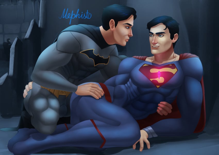 2boys abs artist_name batman batman_(series) black_hair blue_eyes bruce_wayne bulge clark_kent cowl_removed cum cum_in_ass cum_inside dc dc_comics gay gay_sex grey_eyes hand_on_ass imminent_anal imminent_sex inviting_to_sex justice_league looking_at_partner male male_only mephisto mephisto(artist) pecs pink_kryptonite ragged_clothing superman superman_(series) sweat sweatdrop uncensored yaoi