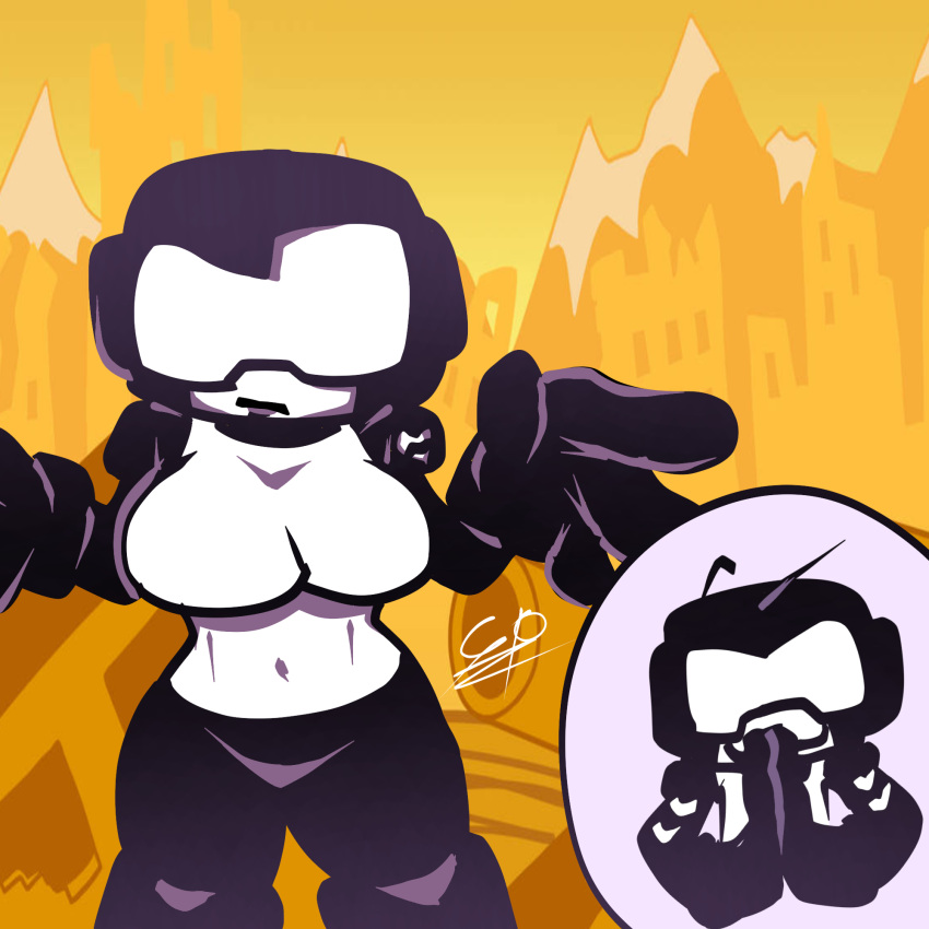 big_breasts confused_look devious_grin hands_together newgrounds tankman_(newgrounds) tankwoman thick_thighs