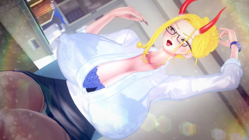 3d apuri beast_pirates black_maria blonde_hair blue_eyes breasts cleavage female female_only geisha giantess gigantic_breasts glasses horned_female horns huge_breasts koikatsu nipples office_lady oiran one_piece wano_country