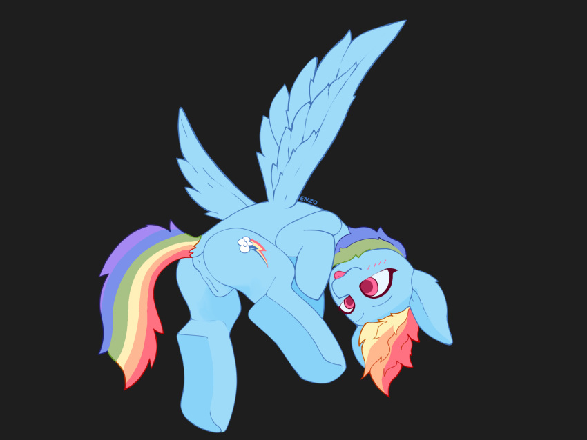 4:3 anatomically_correct anatomically_correct_genitalia anus enzodoesart equid equine female feral flying friendship_is_magic genitals hair hasbro hi_res horse low-angle_view mammal multicolored_hair my_little_pony pegasus pony pussy rainbow_dash_(mlp) rainbow_hair rear_view simple_background smile smirk solo tongue tongue_out wings