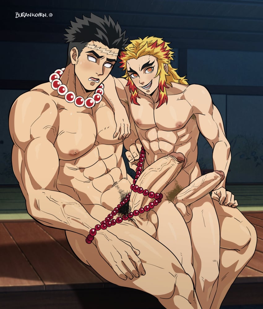 2boys abs absurdres armpit_hair armpit_hair_peek bara beads black_hair blank_eyes burankoprn completely_nude demon_slayer demon_slayer_uniform feet_out_of_frame forked_eyebrows girthy_penis highres himejima_gyomei himejima_gyoumei huge_cock kimetsu_no_yaiba large_pectorals long_hair male_focus male_pubic_hair multicolored_hair multiple_boys muscular muscular_male navel navel_hair nipples nude paid_reward_available pectorals penis prayer_beads pubic_hair red_hair rengoku_kyoujurou scar scar_on_face scar_on_forehead smile stomach streaked_hair thick_eyebrows thighs uncensored veins veiny_arms yaoi