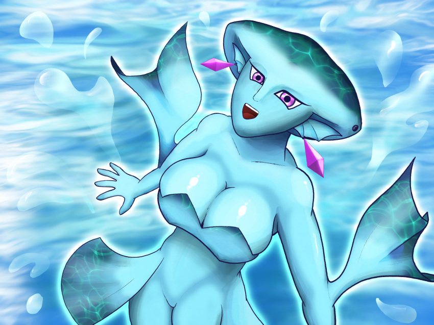 1girls big_breasts blue_skin earrings epic_omi female female_only happy hyrule_warriors looking_at_viewer nintendo ocean pink_eyes princess_ruto solo the_legend_of_zelda water zora