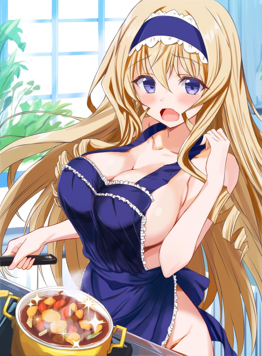 1girls apron bare_arms big_breasts blonde_hair blue_apron blue_eyes blue_hairband blush breasts busty cecilia_alcott cleavage collarbone cooking_pot female female_only food frilled_apron frills hair_between_eyes hairband highres holding indoors infinite_stratos large_breasts legs long_hair looking_at_viewer naked_apron open_mouth solo thighs voluptuous