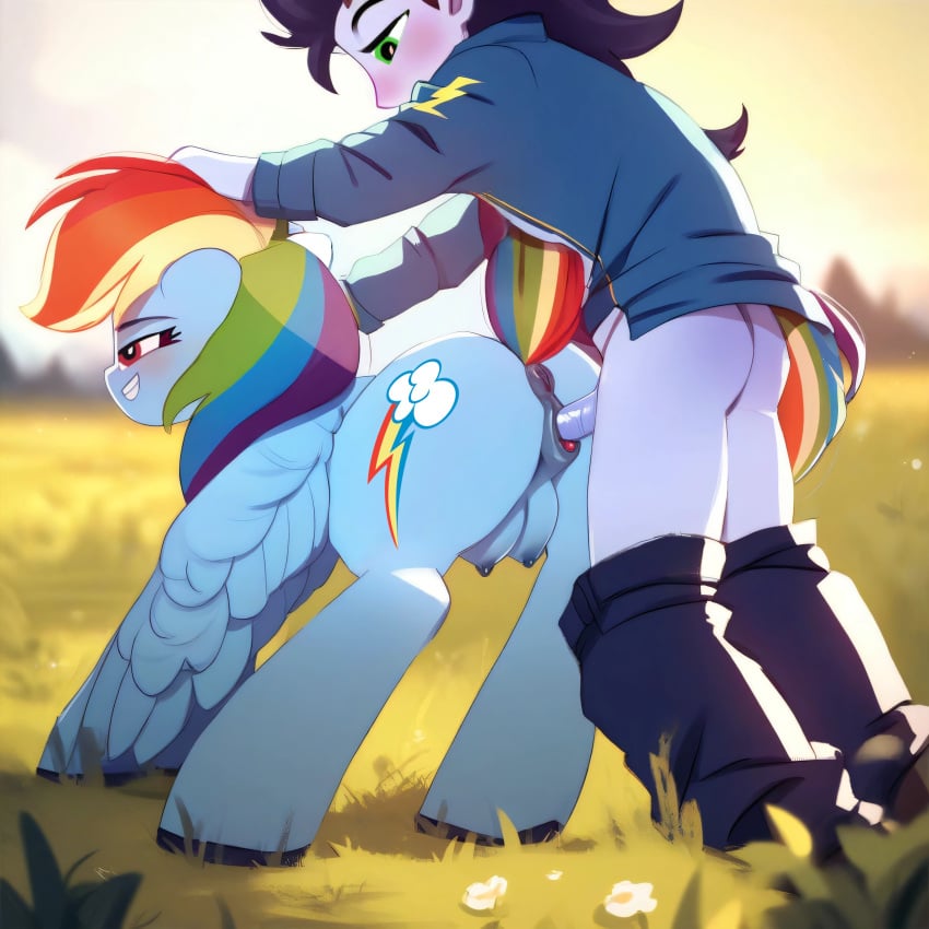 ai_generated anus blush clothing crotchboobs doggy_style equestria_girls equine hands_on_head my_little_pony nipples outdoor_sex pants_down penis pony rainbow_dash_(mlp) smiling soarin_(eg) soarin_(mlp) vagina vaginal_penetration