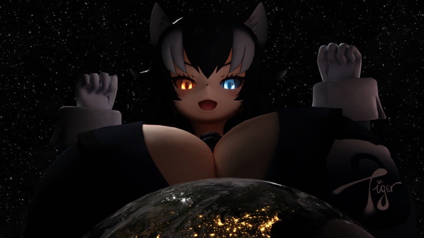 black_hair excited_female giantess giga_giantess goddess gray_wolf grey_wolf_(kemono_friends) kemono_friends kingklon looking_down looming macro_female macro_focus macrophilia planet planetary_macro wolf_ears wolf_girl