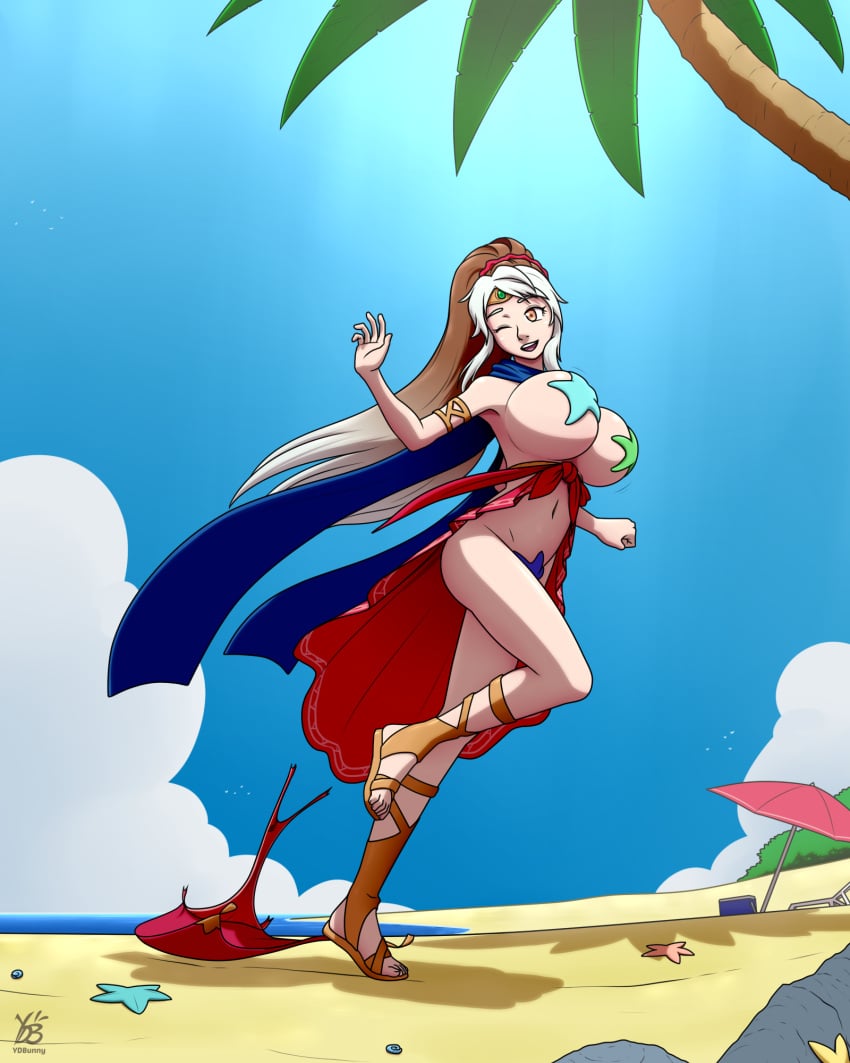 1girls 2021 bad_censor beach big_breasts bouncing_breasts breasts censored covered_nipples covering fire_emblem fire_emblem:_radiant_dawn fire_emblem_heroes functionally_nude fusion huge_breasts linde_(fire_emblem)_(cosplay) micaiah_(fire_emblem) nintendo pasties sandals starfish_pasties swimsuit two_tone_hair undressing ydbunny yellow_eyes