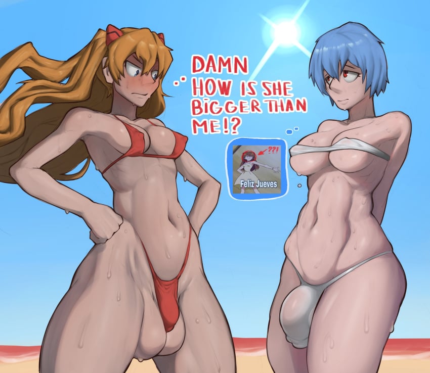 2futas asuka_langley_sohryu balls beach belly belly_button big_balls big_breasts big_penis blue_hair blush breasts brown_hair brunette_hair bulge bulge_through_clothing clothed clothing duo english_text feliz_jueves flaccid futa_only futanari human jealous kuudere large_ass large_breasts light-skinned_futanari light_skin long_hair lumu meme mostly_nude neon_genesis_evangelion nipple_bulge orange_hair pale-skinned_futanari pale_skin penis penis_envy penis_size_difference penis_under_clothes rei_ayanami short_hair small_breasts smooth_balls smooth_penis standing staring staring_at_another sweat sweating sweaty swimsuit swimwear text thick_thighs tsundere tummy uncensored wide_hips