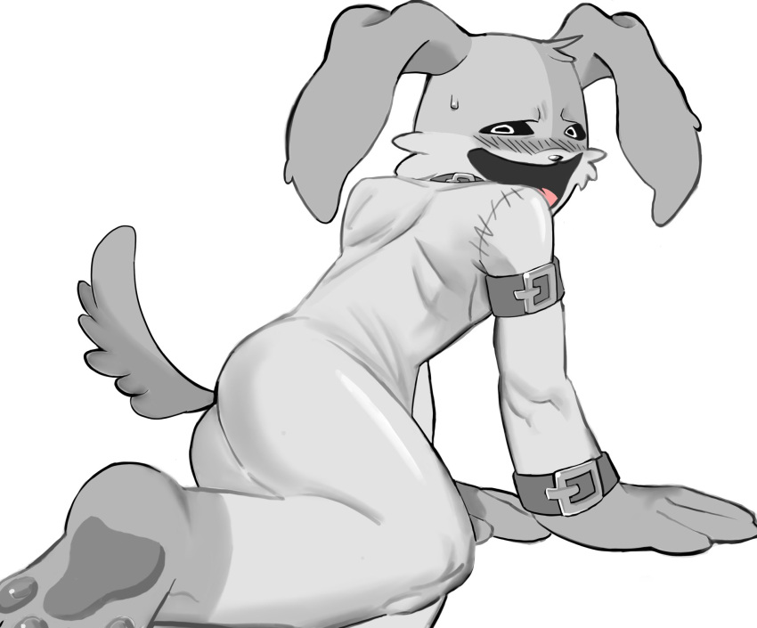 anthro artist_signature blush canid critters_(poppy_playtime) dogday_(poppy_playtime) faint furry_only laying_down male monochrome no_humans no_visible_genitalia on_back poppy_playtime poppy_playtime_(chapter_3) smile smiling_critters solo twingkiki