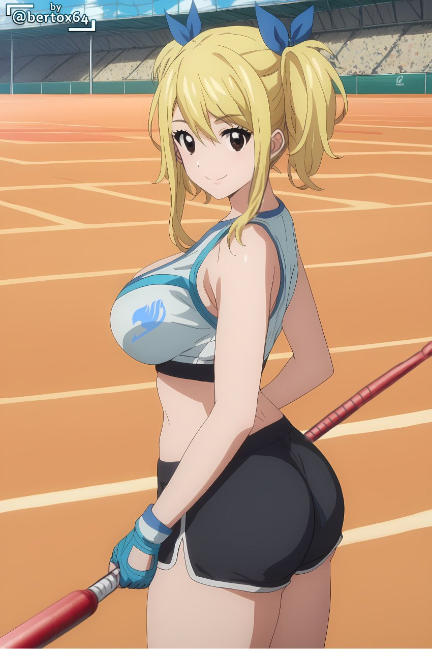 1girls ai_generated alternate_hairstyle ass big_ass big_breasts blonde_hair brown_eyes busty fairy_tail fat_ass female female_only from_side hair_ribbon hi_res large_breasts legs looking_at_viewer looking_back lucy_heartfilia medium_hair midriff shorts sideboob smile solo sports_bra sportswear thick_thighs thighs twintails voluptuous