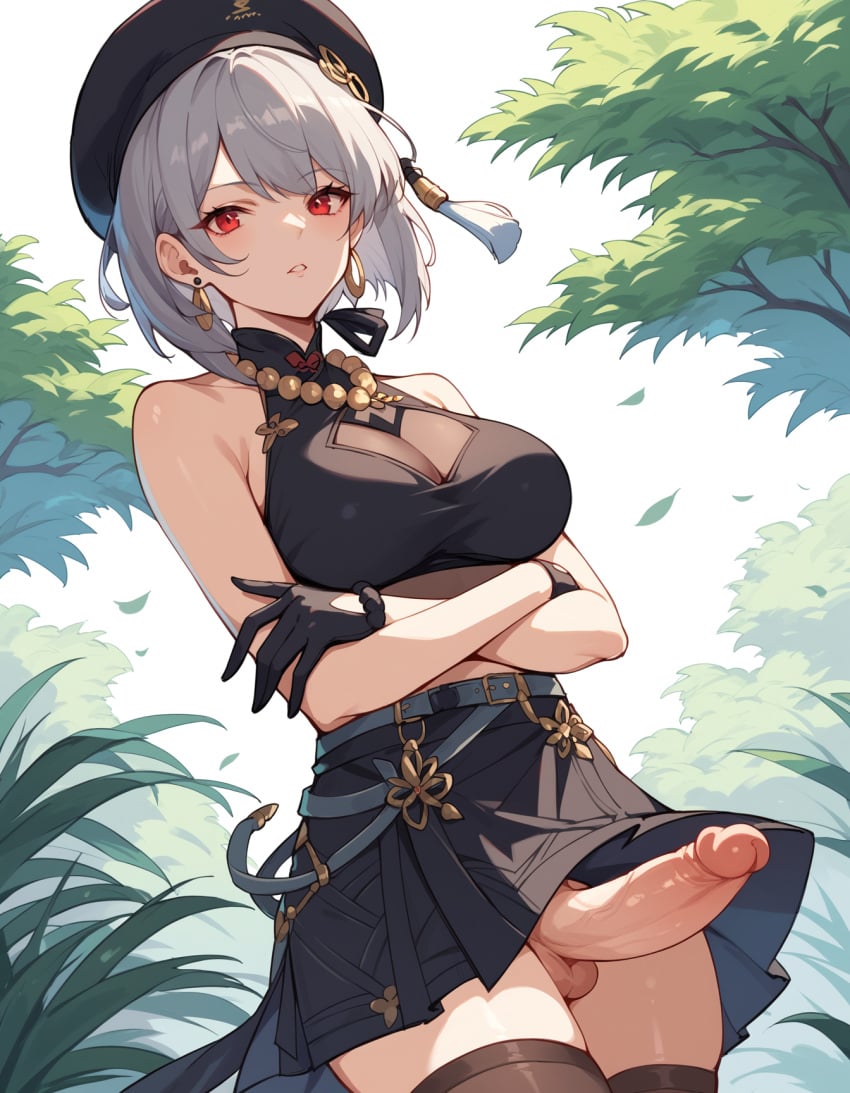 1futa ai_generated crop_top crossed_arms dickgirl erection esendor futanari gray_hair hat large_penis looking_at_viewer red_eyes sanhua_(wuthering_waves) skirt solo stable_diffusion wuthering_waves