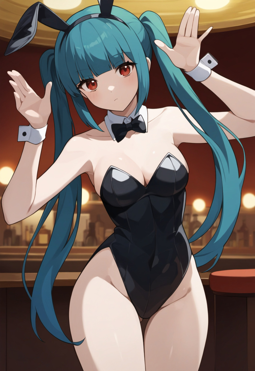 ai_generated amaterasu_(sister&#039;s_story) animal_ears armpits arms_up bangs bar_(place) bar_stool bare_arms bare_legs bare_shoulders black_bow black_bowtie black_hairband black_leotard blunt_bangs blush bow bowtie breasts cleavage closed_mouth collarbone counter covered_navel cowboy_shot detached_collar fake_animal_ears female groin hairband hands_up hatsune_miku highleg highleg_leotard indoors leotard long_hair looking_at_viewer masa_works_design medium_breasts milua novelai playboy_bunny pony_diffusion_xl rabbit_ears red_eyes self_upload sidelocks sister&#039;s_story solo solo_female standing stool strapless strapless_leotard teal_hair thigh_gap thighs twintails very_long_hair vocaloid wrist_cuffs