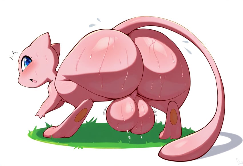 ai_generated ass backsack balls big_balls big_butt blue_eyes blush bodily_fluids feral generation_1_pokemon genitals grass hellsonger hi_res legendary_pokemon looking_at_viewer looking_back male mew nintendo open_mouth penis pink_balls pink_body pokemon pokemon_(species) presenting presenting_hindquarters raised_tail rear_view saggy_balls scalie simple_background solo sweat sweatdrop sweaty_balls sweaty_butt sweaty_genitalia thick_thighs white_background