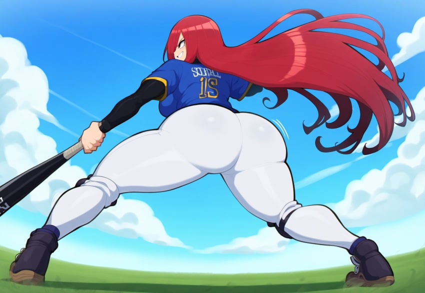 1girl 1girls 2024 2d 2d_(artwork) ai_generated ass baseball baseball_bat baseball_cap baseball_uniform big_ass blue_shirt erza_scarlet fairy_tail female female_focus female_only huge_ass long_hair mullon novelai red_hair sportswear white_pants