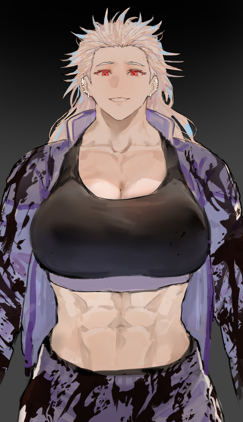 1girls abs blood_splatter breasts_bigger_than_head busty dorohedoro huge_breasts light-skinned_female light_skin muscular muscular_abs muscular_female noi_(dorohedoro) ongjolpark open_jacket park_ongjol pierced_ears red_eyes smile sports_bra white_hair