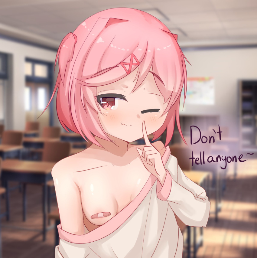 1female 1girls bandaid bandaids_on_nipples breasts doki_doki_literature_club english_text natsuki_(doki_doki_literature_club) peek pink_eyes pink_hair text theartistaurora