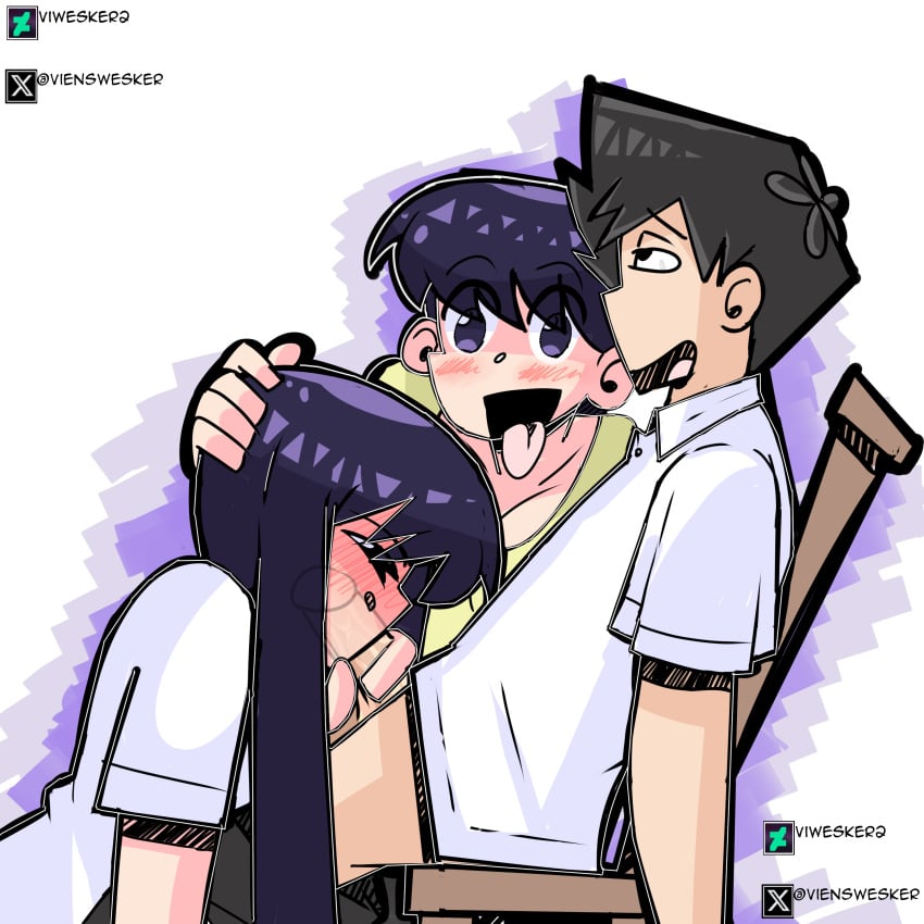 1boy 2girls big_breasts black_hair blowjob breasts clothed_female helping incest komi-san_wa_komyushou_desu komi_shouko komi_shuuko male milf mother_and_daughter pleasure_face purple_background purple_eyes purple_hair semi_clothed tadano_hitohito vi_wesker watching_sex white_background white_skin