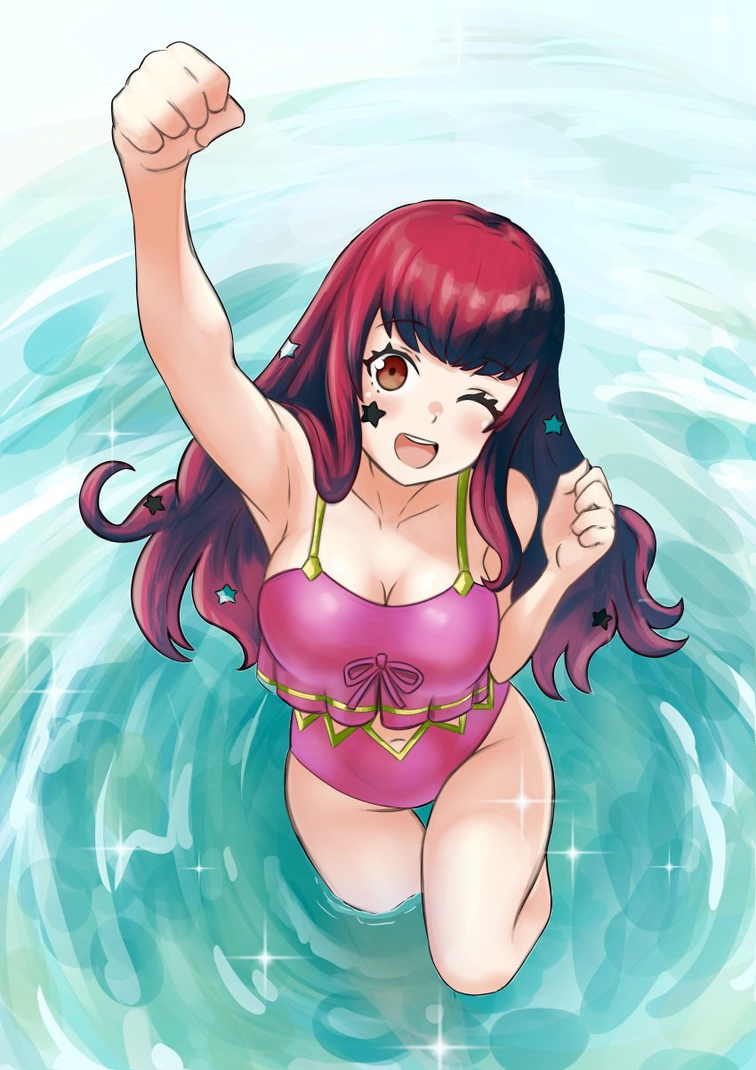 1girls ;d absurdres arm_up armpits blunt_bangs blush bow bow_swimsuit breasts brown_eyes casual_one-piece_swimsuit cianter cleavage clenched_hands clothing_cutout collarbone diffraction_spikes facial_mark female female_only fire_emblem fire_emblem_engage foreshortening frilled_one-piece_swimsuit frills from_above hair_ornament hand_up happy head_tilt highres large_breasts navel navel_cutout nintendo ocean official_alternate_costume one-piece_swimsuit one_eye_closed pink_bow pink_one-piece_swimsuit raised_fist red_hair sidelocks smile solo standing star_(symbol) star_facial_mark star_hair_ornament swimsuit teeth thigh_gap upper_teeth_only wading water wavy_hair yunaka_(fire_emblem)